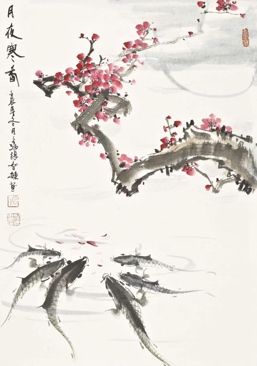 张智栋中国画作品收藏推荐月夜寒香70×50cm,水墨纸本